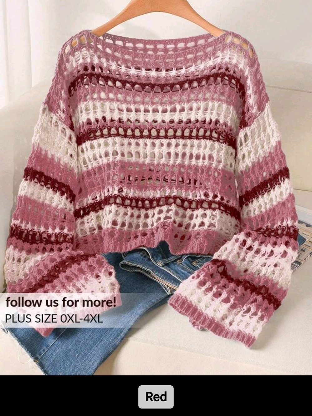 Open-Knit Striped Crewneck Sweater in Pink, White & Burgundy